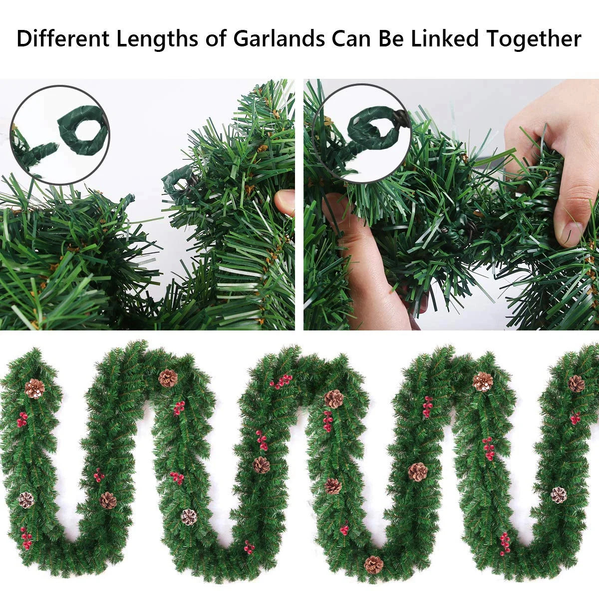 10FT Christmas Garland with Red Berries Snow Pine Cones for Indoor Outdoor Holiday Xmas Mantle Decoration