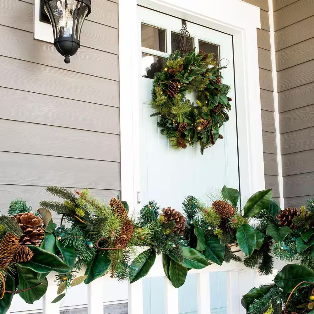 30 In. Artificial Pre-Lit LED Magnolia Leaf Wreath