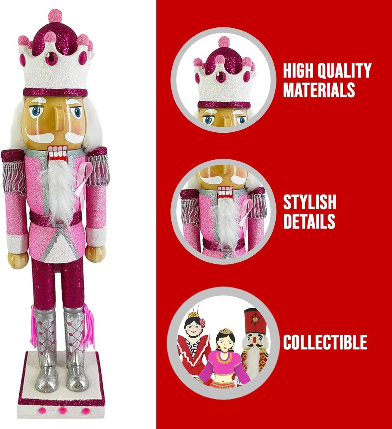 , Pink Nutcracker Christmas Ornaments, Wooden Figure Decoration with Soldier Uniform for Breast Awareness, Holiday Home Decor, Ideal Xmas Ornament, Large, 15 Inch