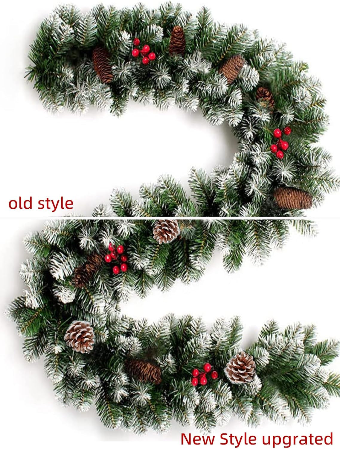 9FT Flocked Christmas Garland, Artificial Snowy Xmas Garland, Indoor Outdoor Winter Garland with Pine Cones and Red Berries for Christmas Decorations Table Mantle Room