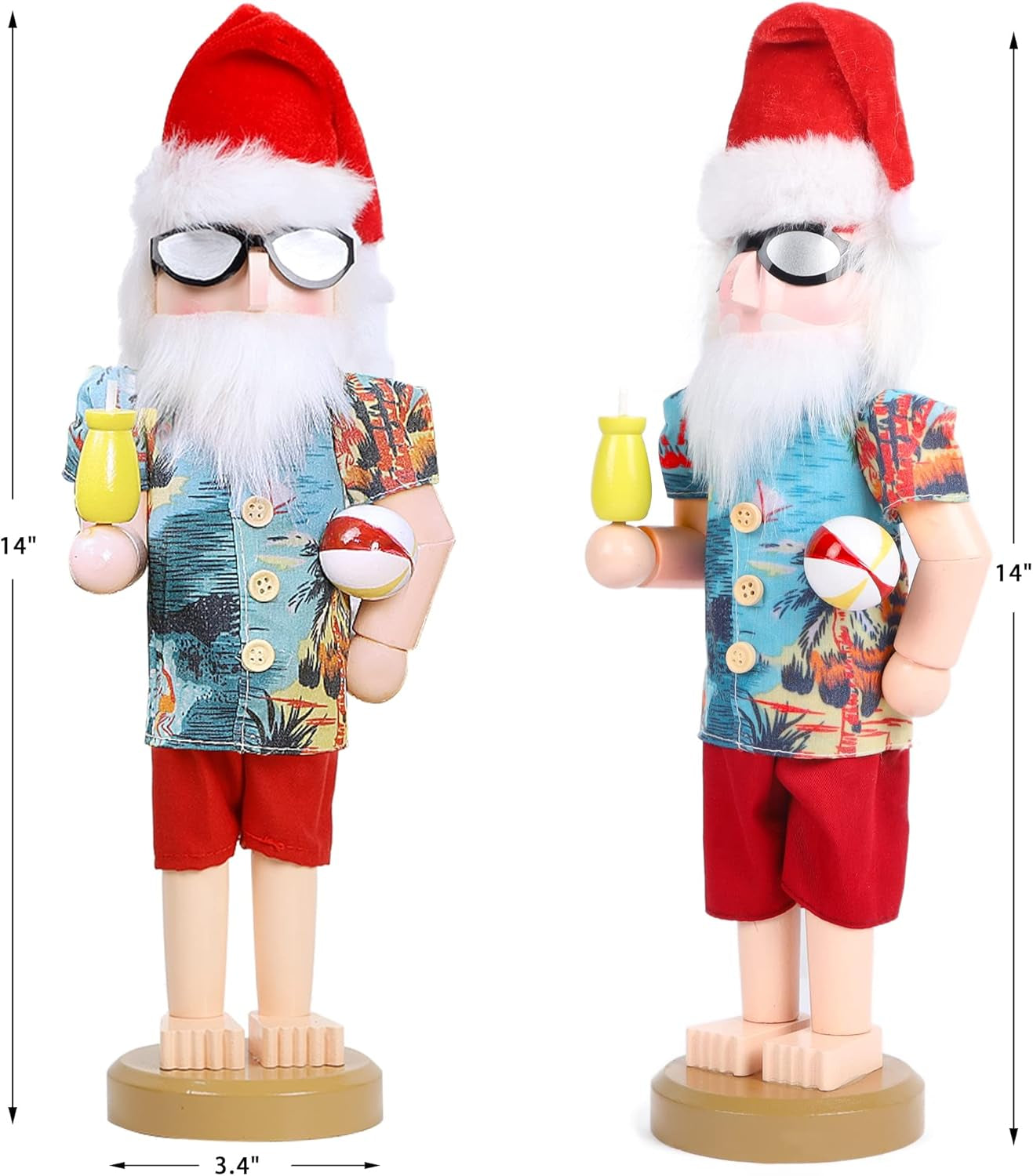 14 Inch Christmas Nutcracker Figures, Wooden Nutcracker Santa Hawaii Beach Summer Vacation, Large Xmas Nutcracker Tabletop Centerpieces Festival Shelves Decorations
