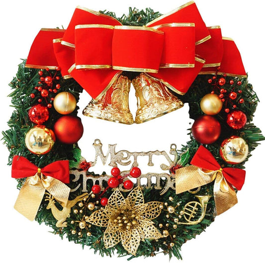 Large Christmas Wreath (19.69 Inch / 50 Cm) for Front Door Wall Windows Artificial Poinsettia Xmas Decoration with Tinkle Bell Bowknot and Small Ornaments (MC7-D1)