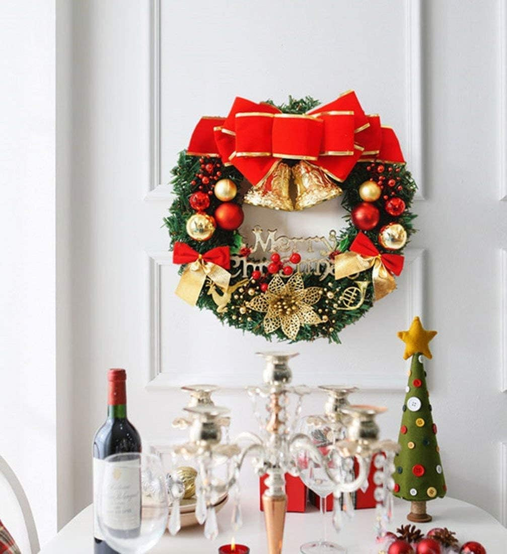 Large Christmas Wreath (19.69 Inch / 50 Cm) for Front Door Wall Windows Artificial Poinsettia Xmas Decoration with Tinkle Bell Bowknot and Small Ornaments (MC7-D1)