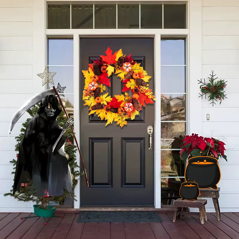 45Cm Fall Wreaths Pumpkin Berry Maple Leaf Artificial Wreath Harvest Autumn Front Door Wreath Christmas Halloween Home Decor