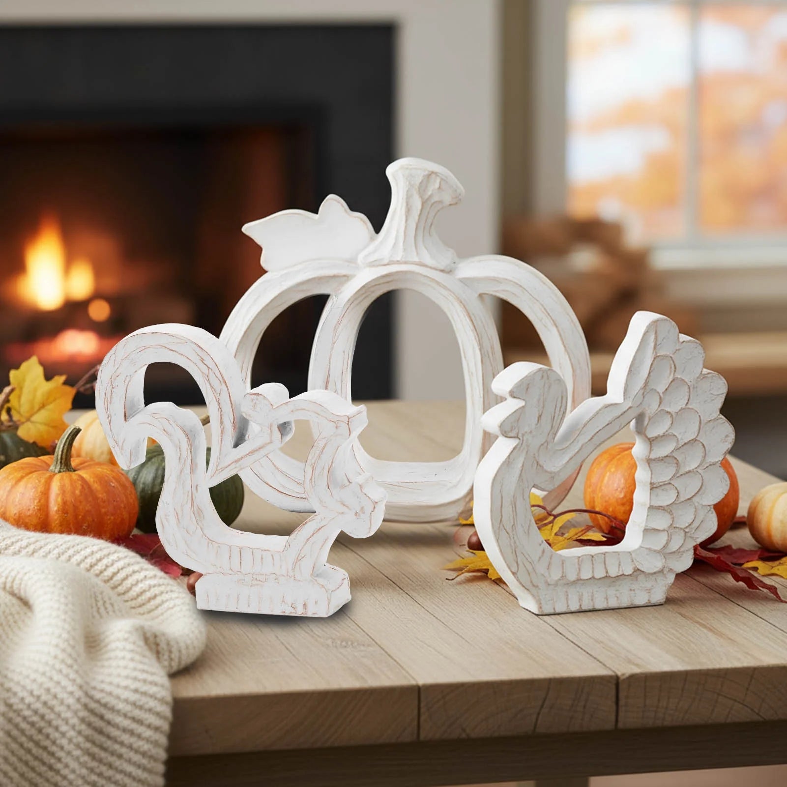 Fall Decorations for Home, Thanksgiving Decorations Pumpkin Decor Turkey Decor Resin, 3Pcs White