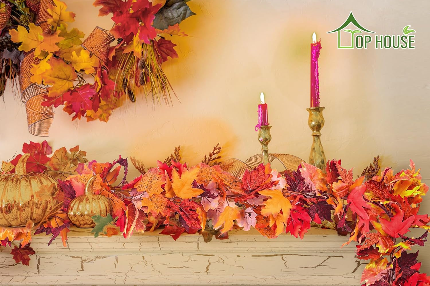 2Pcs Artificial Autumn Fall Maple Leaves Garlands 5.9 Feet Hanging Vines Fall Foliage Garland for Indoor Outdoor Wedding Thanksgiving Dinner Party Decor