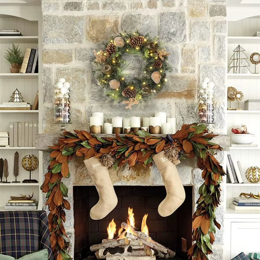 Christmas Wreath 20 Christmas Front Door Wreath Ornament with LED Lights Pinecone Berries Artificial Pine Garland for Party Tab