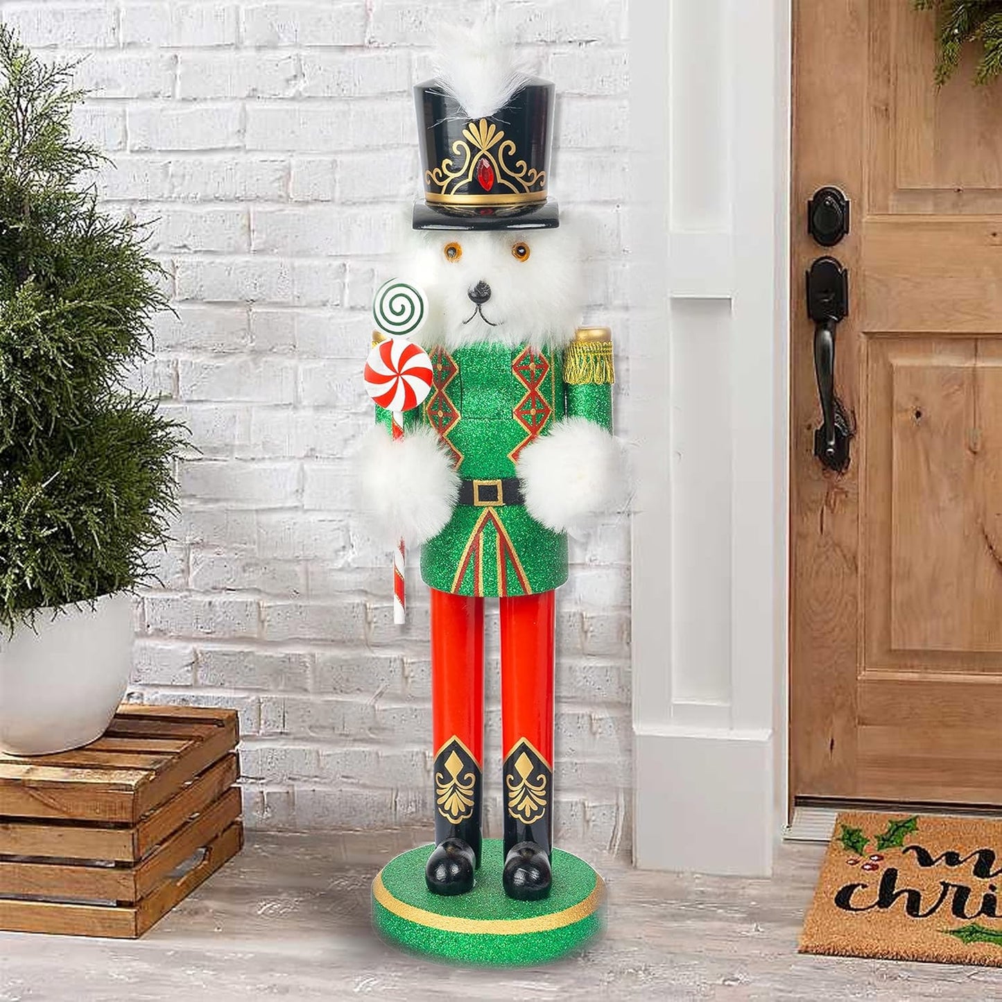 14" Christmas Decorative Nutcracker Figures, Wooden White Bear Wear Green Uniform Hold Candy, Festive Collectible Nutcracker Gift for Indoor Winter Table Desktop Fireplace Decorations