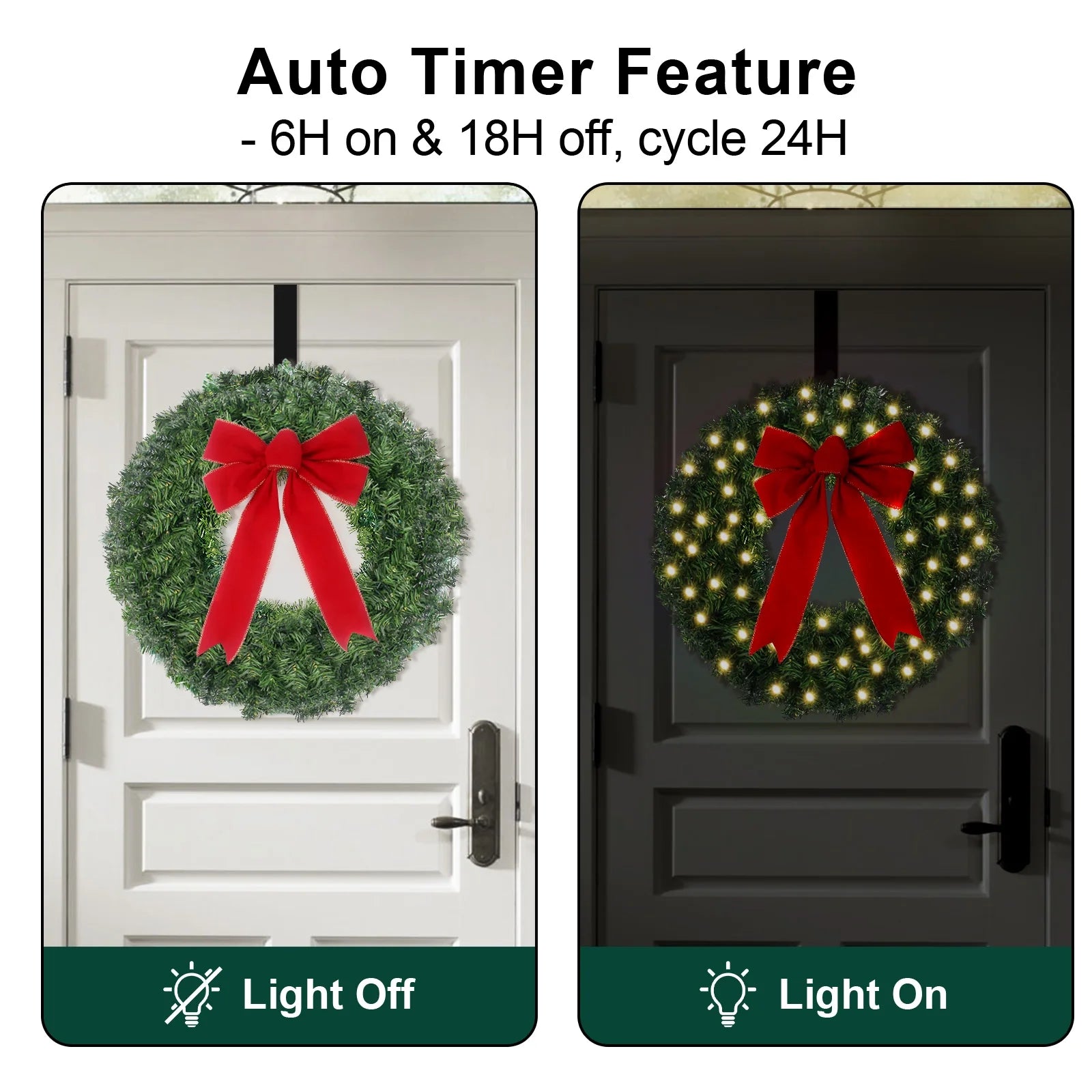 24Inch Christmas Wreath Prelit Warm White USB Lights with Hanger and Remote for Outdoor Indoor Decorations