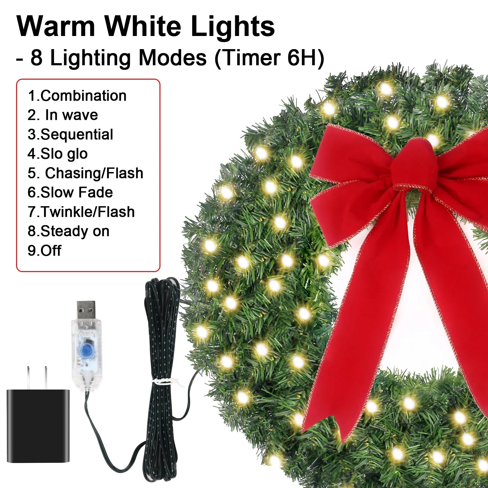 24Inch Christmas Wreath Prelit Warm White USB Lights with Hanger and Remote for Outdoor Indoor Decorations