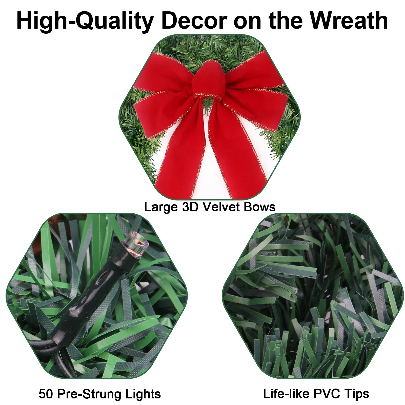 24Inch Christmas Wreath Prelit Warm White USB Lights with Hanger and Remote for Outdoor Indoor Decorations
