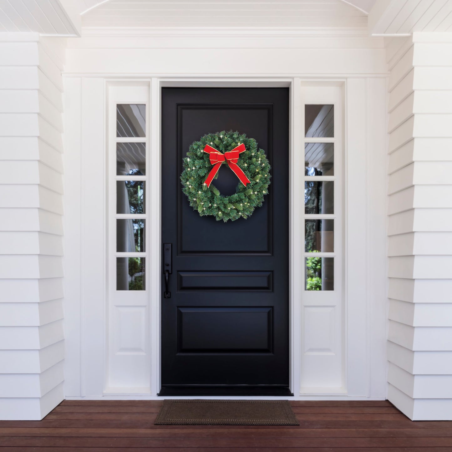 24” Pre-Lit Christmas Wreath for Front Door. Outdoor Battery-Operated Evergreen, Red Bow