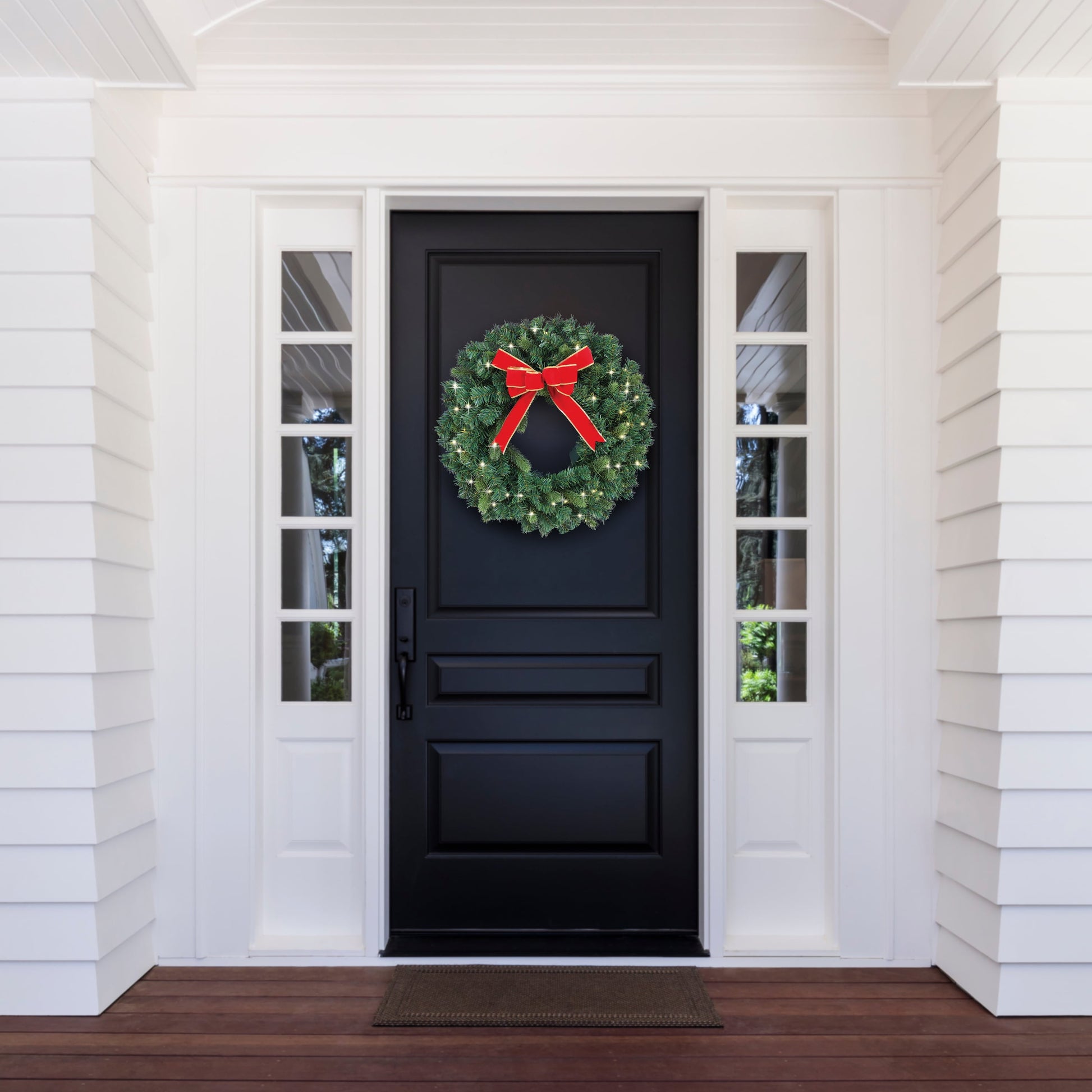 24” Pre-Lit Christmas Wreath for Front Door. Outdoor Battery-Operated Evergreen, Red Bow