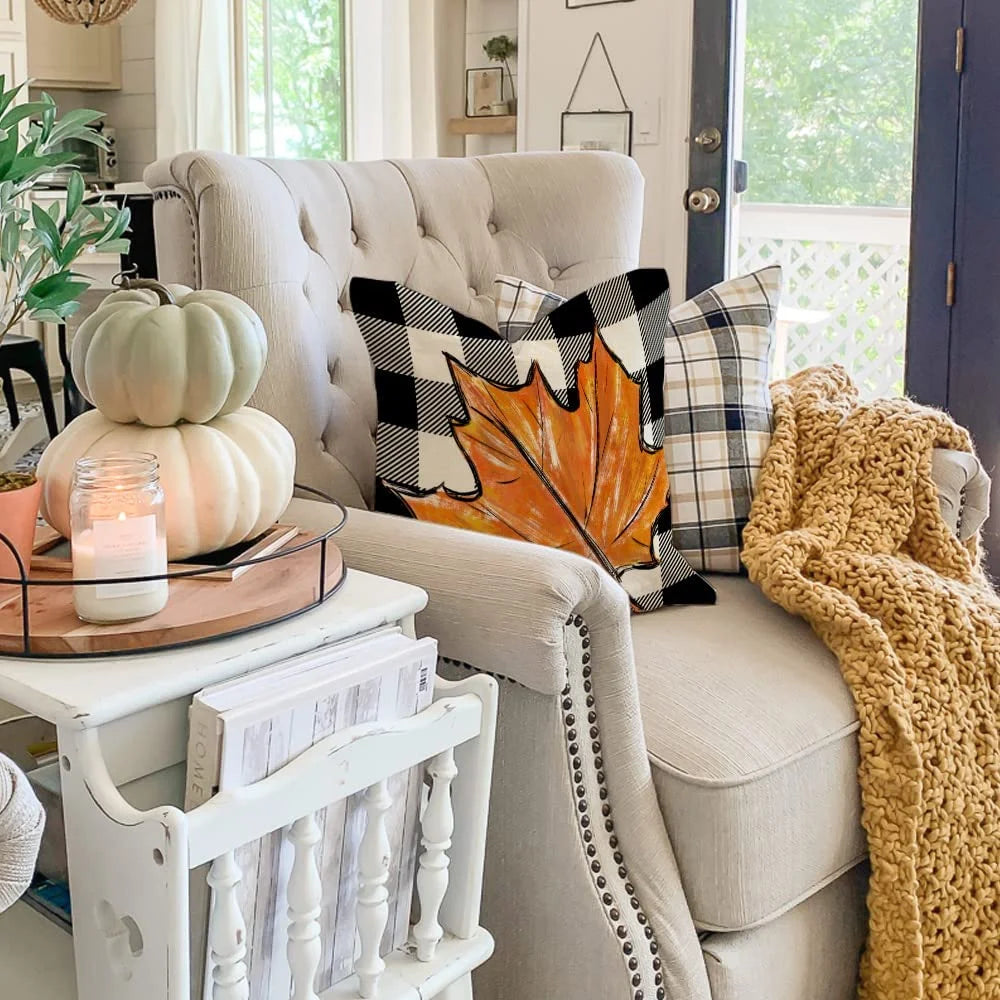 Fall Decor Buffalo Plaid Pumpkin and Maple Leaves Outdoor Fall Pillows Decorative Throw Pillows Farmhouse Thanksgiving Decorations Autumn Cushion Case for Couch