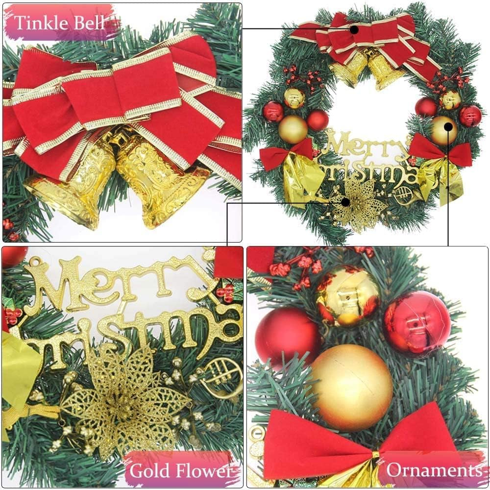 Large Christmas Wreath (19.69 Inch / 50 Cm) for Front Door Wall Windows Artificial Poinsettia Xmas Decoration with Tinkle Bell Bowknot and Small Ornaments (MC7-D1)
