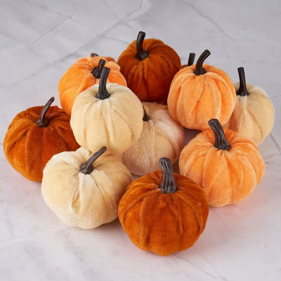 12Pcs Artificial Fake Faux Velvet Foam Fabric Pumpkins Decoration for Fall Home Farmhouse Harvest Thanksgiving Decorative Indoo