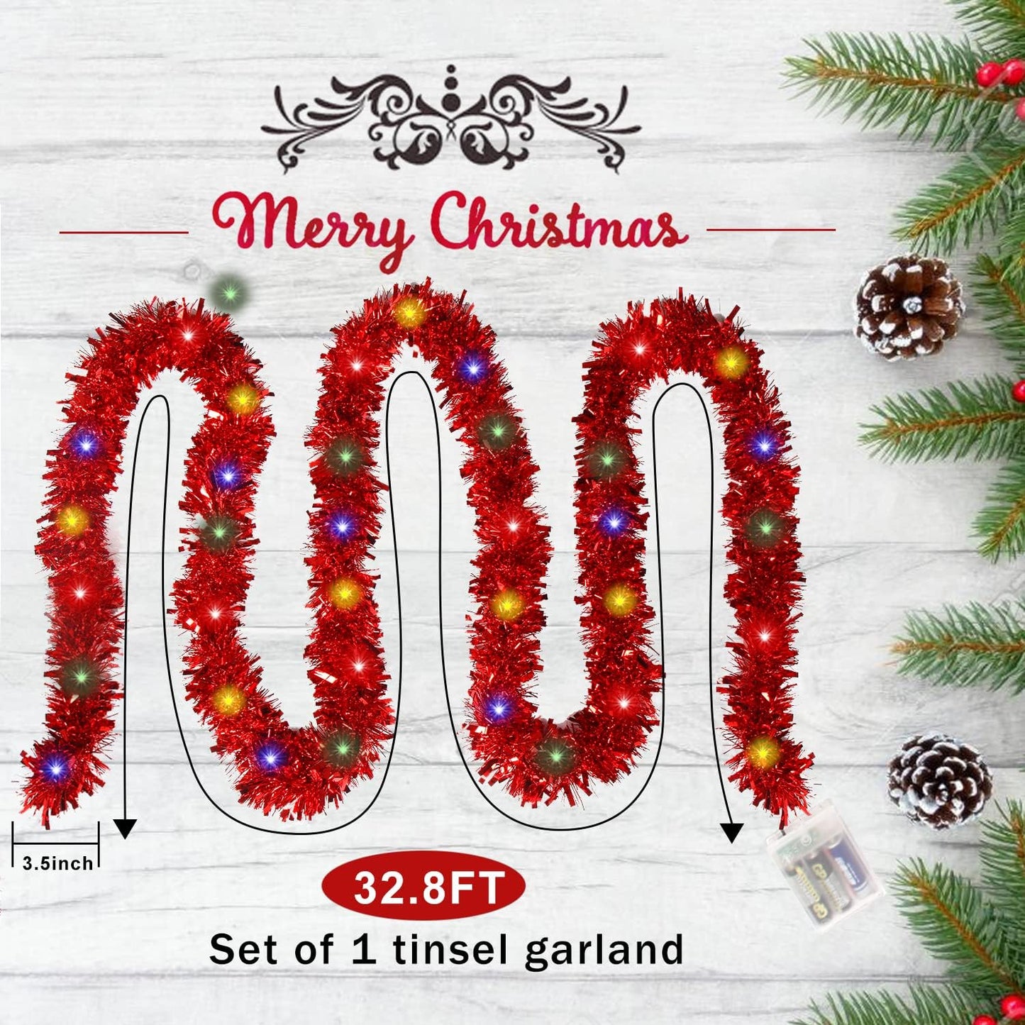 32.8 Ft Christmas Prelit Tinsel Garland, Red Metallic Garland with 100 LED Lights for Christmas Tree Decorations,Wedding Party Supplies