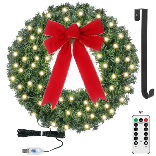 24Inch Christmas Wreath Prelit Warm White USB Lights with Hanger and Remote for Outdoor Indoor Decorations