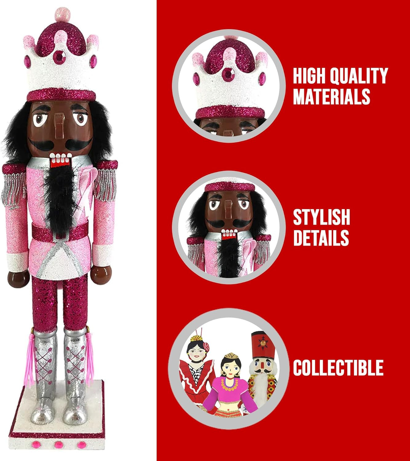 , African American Soldier Nutcracker Figurine, Wooden Figures Decorations Ornaments, Christmas Holiday Decor, Pink for Breast Awareness, 15 Inch