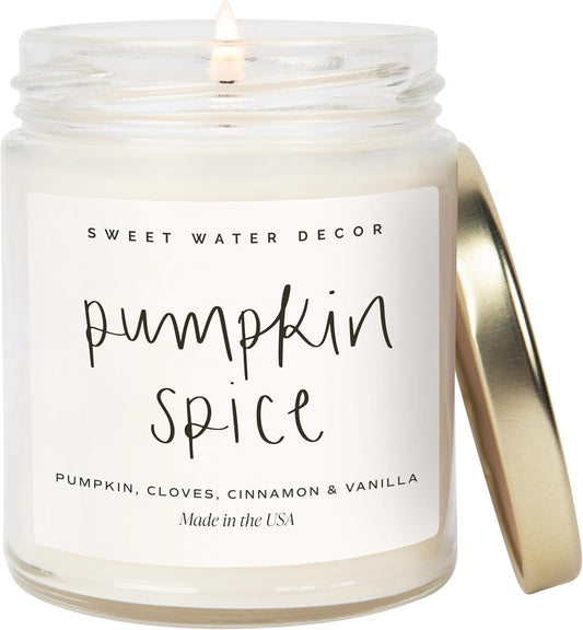Pumpkin Spice Candle - Fall Candles with Pumpkin, Clover, Cinnamon & Vanilla Scent for Home - Autumn Candle with 40 Hours Burn Time - 9Oz Gold Lid Clear Jar Cozy Soy Candles