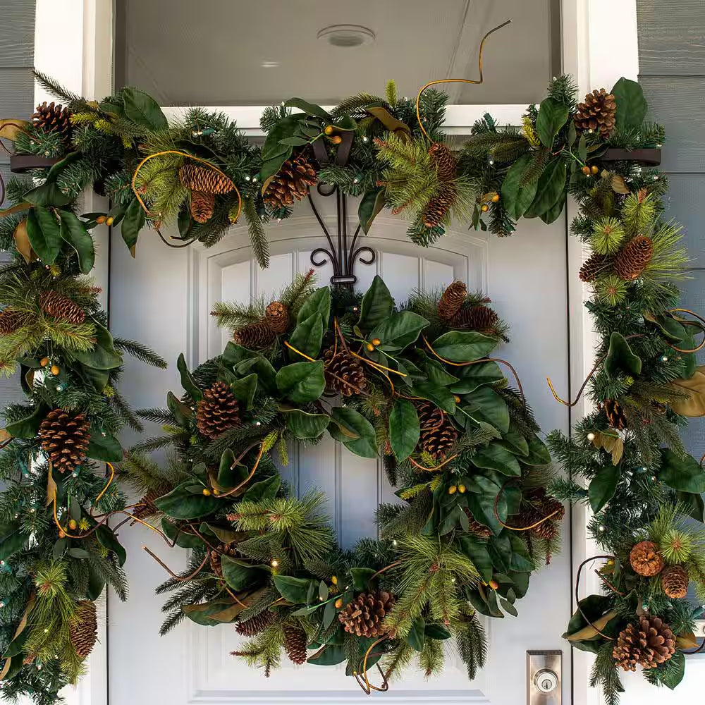 30 In. Artificial Pre-Lit LED Magnolia Leaf Wreath