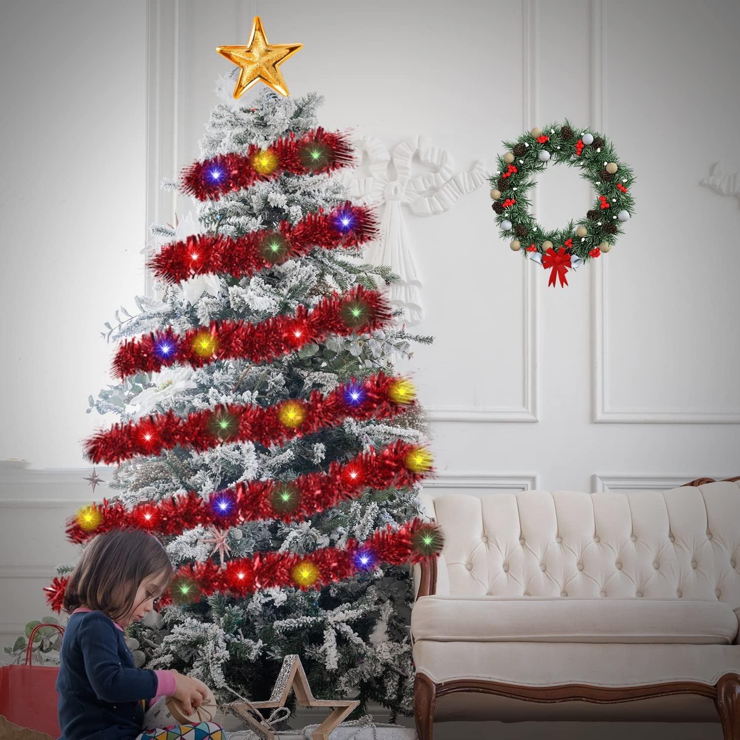 32.8 Ft Christmas Prelit Tinsel Garland, Red Metallic Garland with 100 LED Lights for Christmas Tree Decorations,Wedding Party Supplies