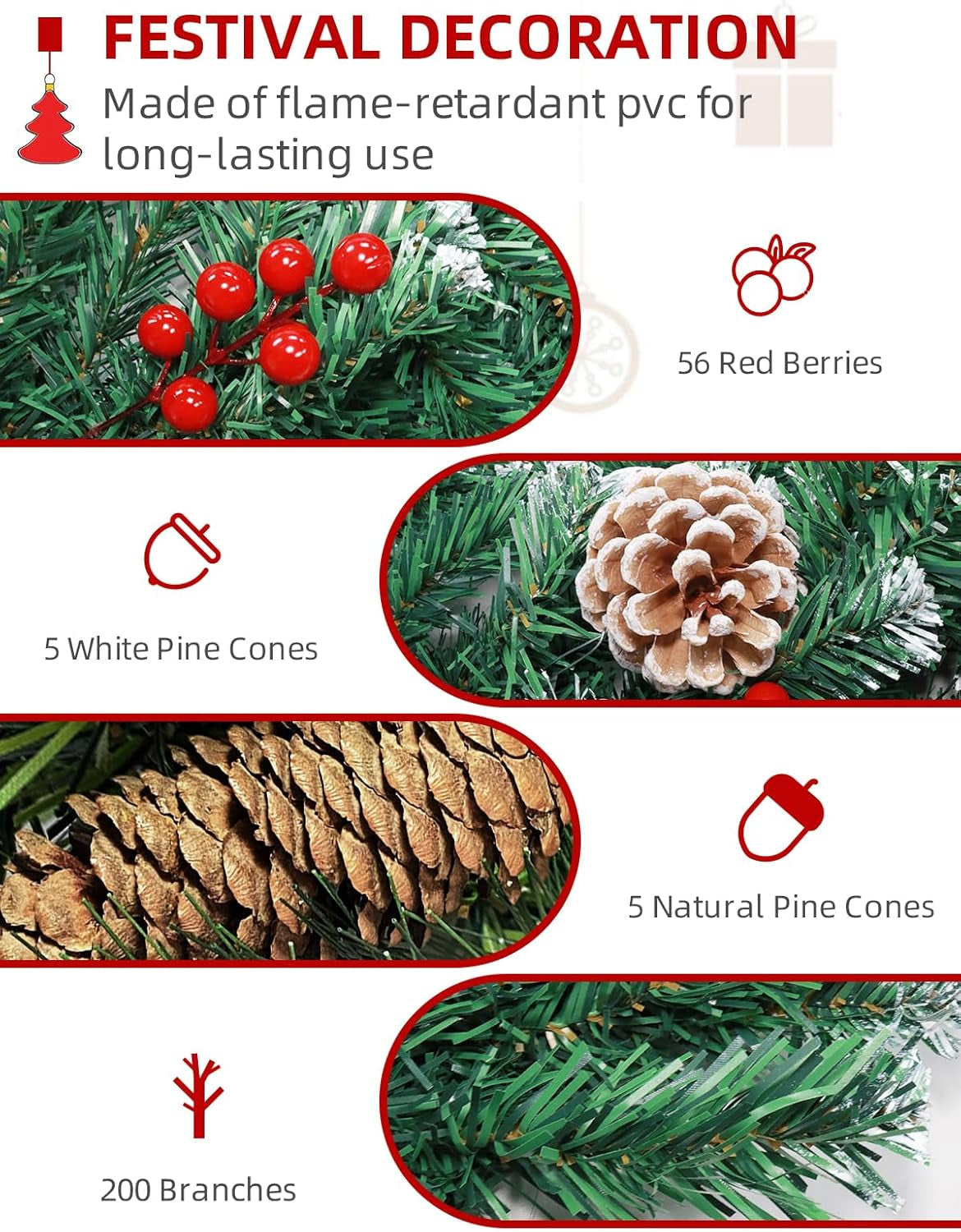 9FT Flocked Christmas Garland, Artificial Snowy Xmas Garland, Indoor Outdoor Winter Garland with Pine Cones and Red Berries for Christmas Decorations Table Mantle Room