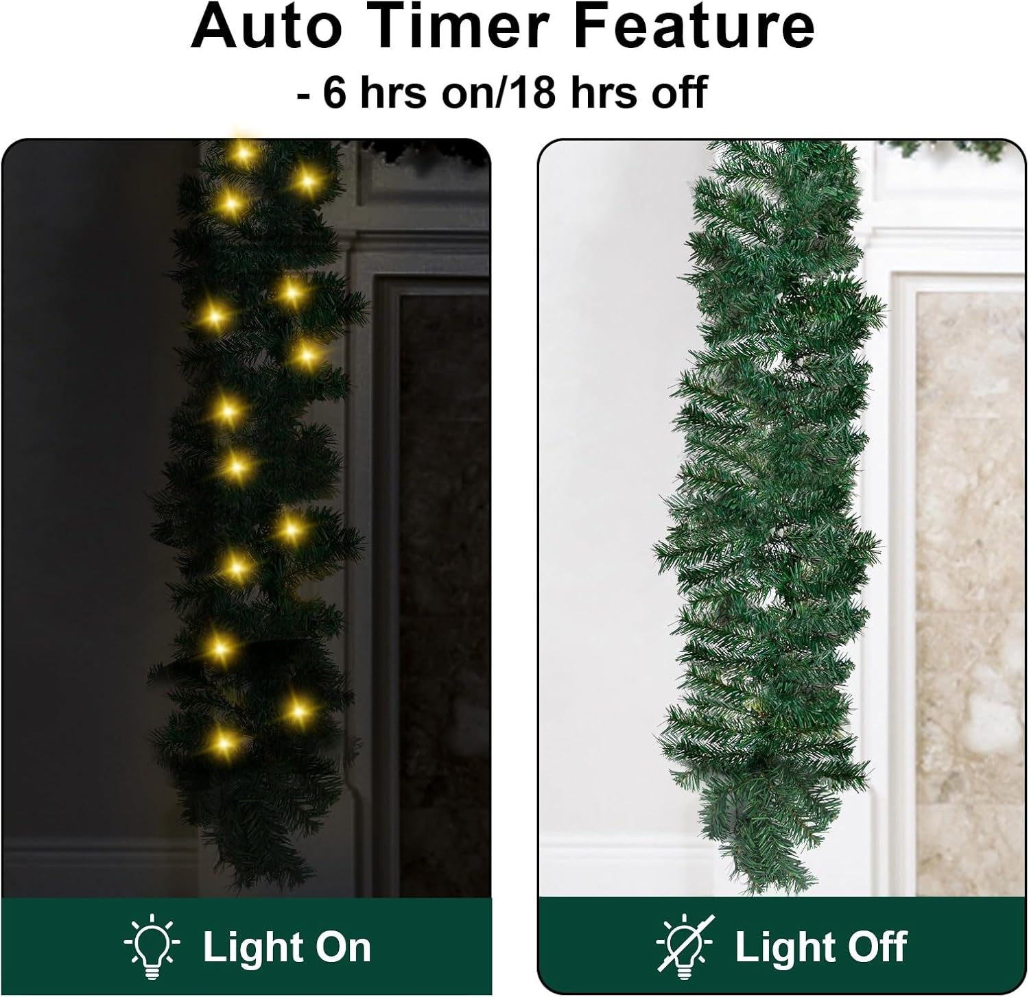 10Ft Pre-Lit Christmas Garland with 50 LED Lights- Battery Operated String Light with Timer-Waterproof Lighted Outdoor Christmas Garland for Stairs Railing Mantle Fireplace Front Porch Decor-10 Foot