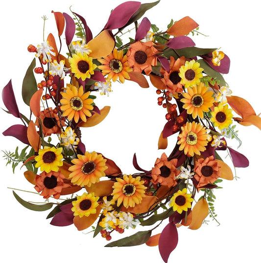 Fall Wreath Artificial Berry Wreath Green Leaves for Front Door Autumn Wreaths Farmhouse Home Office Wedding Party Wall Decor … (14 in Wreath)