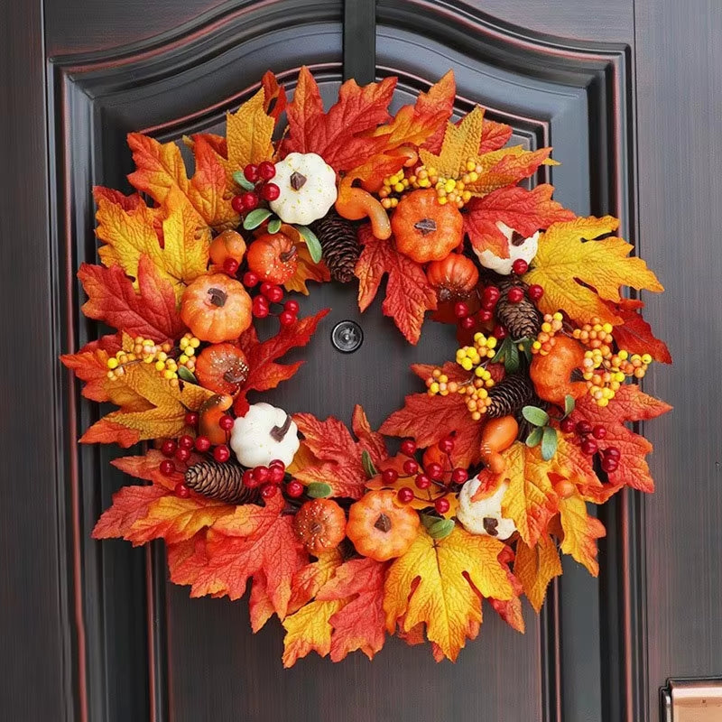 45Cm Fall Wreaths Pumpkin Berry Maple Leaf Artificial Wreath Harvest Autumn Front Door Wreath Christmas Halloween Home Decor