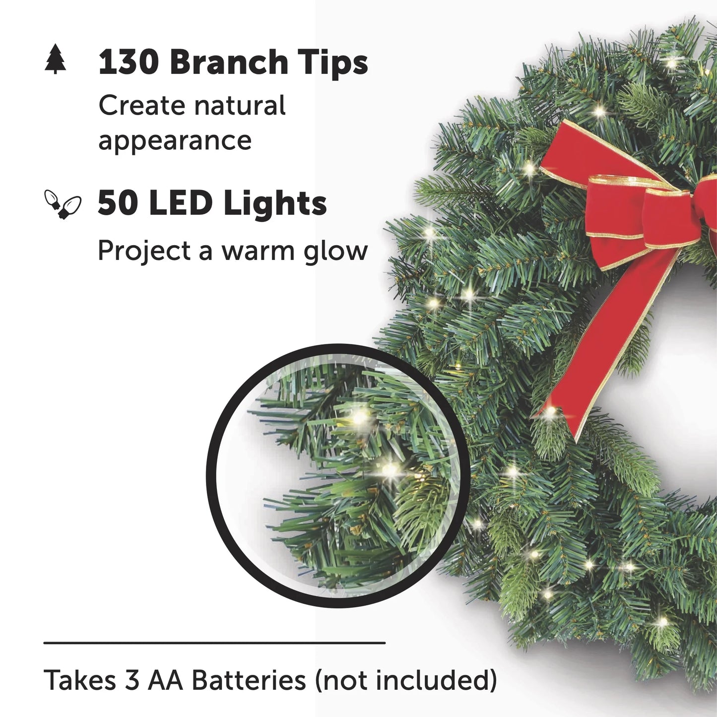 24” Pre-Lit Christmas Wreath for Front Door. Outdoor Battery-Operated Evergreen, Red Bow