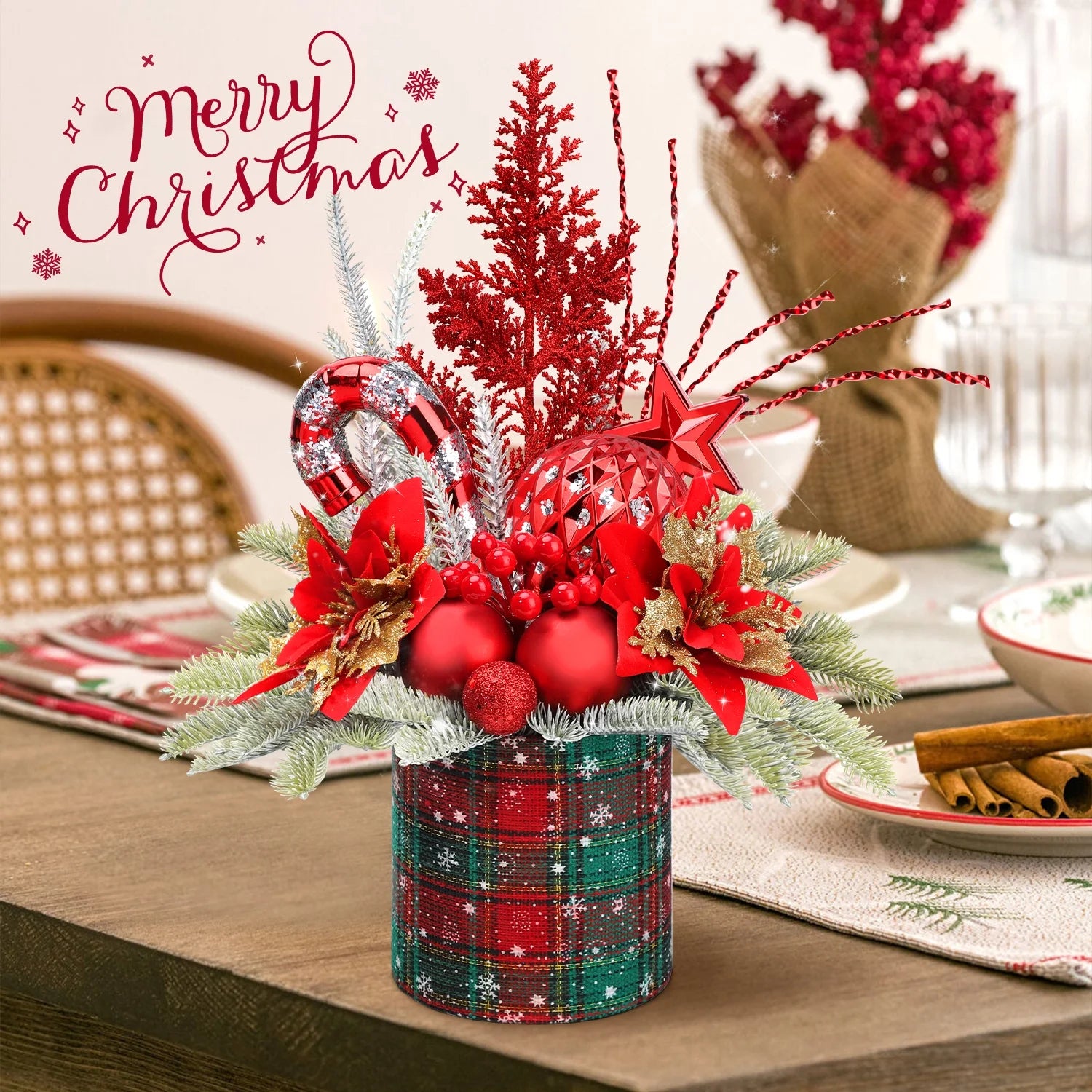 Mini Christmas Tree with Pine Cone Berry, Bottle Brush Christmas Trees for Christmas Decorations Indoor, Christmas Tabletop Decor Centerpiece | Round