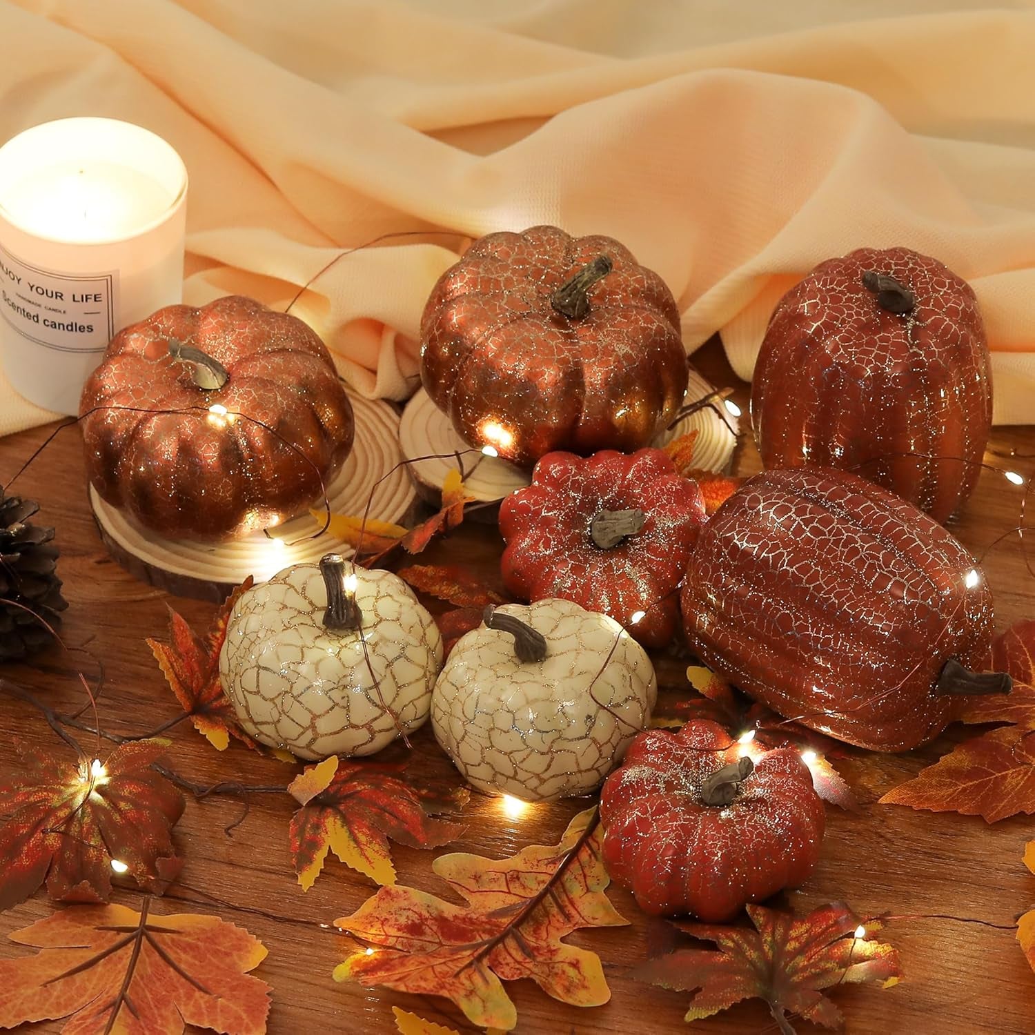 Artgar Pumpkin Decor, 8 PCS Halloween Pumpkin, Metal Cracked Design Foam Pumpkin