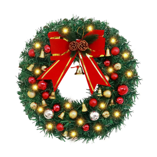 Pre-Lit Christmas Wreath with Lights, Large Red Bow and Colored Balls, Battery Operated with Warm White 40 Leds Lights, Front Door Spruce Lighted Wreath X-Max Decorations, 30CM