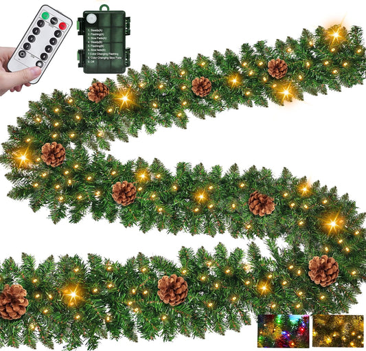Remote Control&Timer- Super Thick 9 Ft Prelit Artificial Christmas Garland with 50 Warm White & Colorful Change Lights Cedar Garland 270 Realistic Classic 10 Pinecone for Mantle Stair Railing Outdoor