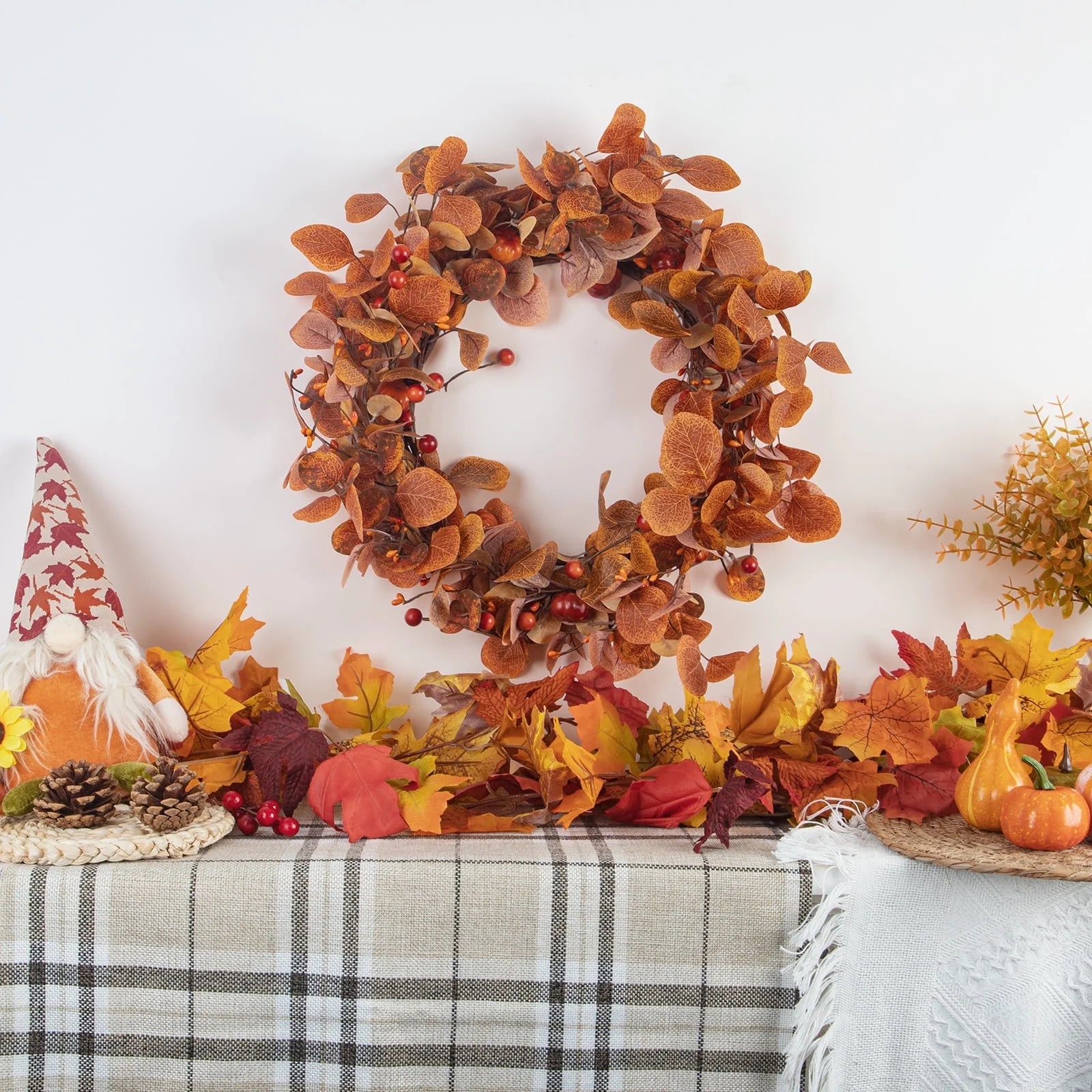 Fall Wreaths for Front Door, 18" Artificial Eucalyptus Leaves Autumn Wreaths Modern Farmhouse Fall Decoration for Home