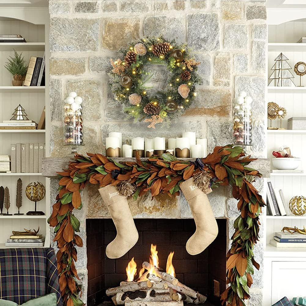 Christmas Wreath 20" Christmas Front Door Wreath Ornament with LED Lights Pinecone Berries Artificial Pine Garland for Party Table Fireplaces Porch Walls New Years Halloween Home Decor