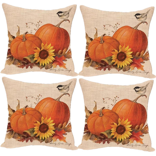 Fall Pillow Covers 18X18 Set of 4 for Fall Decor Pumpkin Maple Leaves Sunflower Vase Outdoor Fall Pillows Decorative Throw Pillows Farmhouse Thanksgiving Autumn Cushion Case