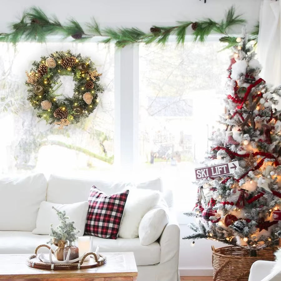 Christmas Wreath 20 Christmas Front Door Wreath Ornament with LED Lights Pinecone Berries Artificial Pine Garland for Party Tab