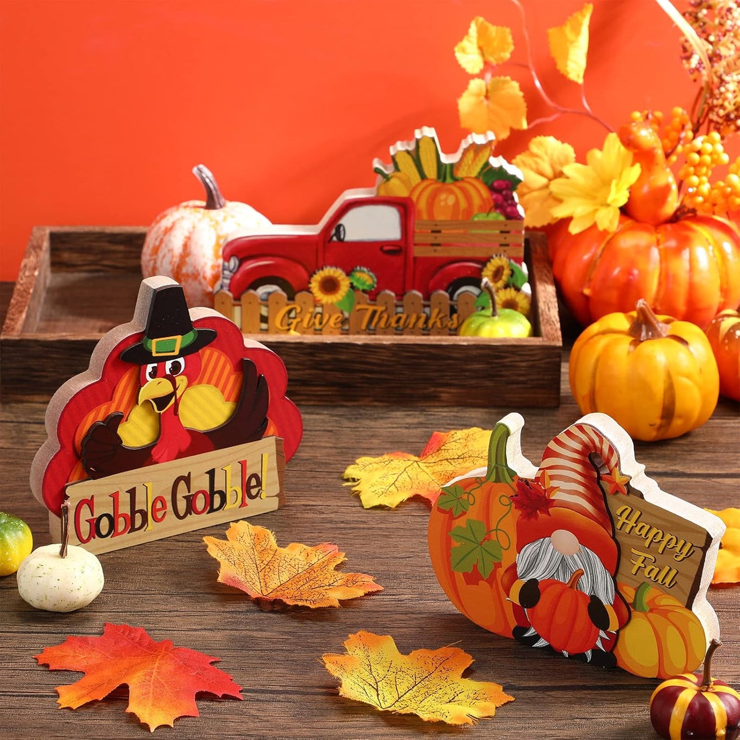 3 Pieces Thanksgiving Decorations Indoor Table Centerpiece for Home Wooden Signs Autumn Harvest Turkey Display for Thanksgiving Party Supplies