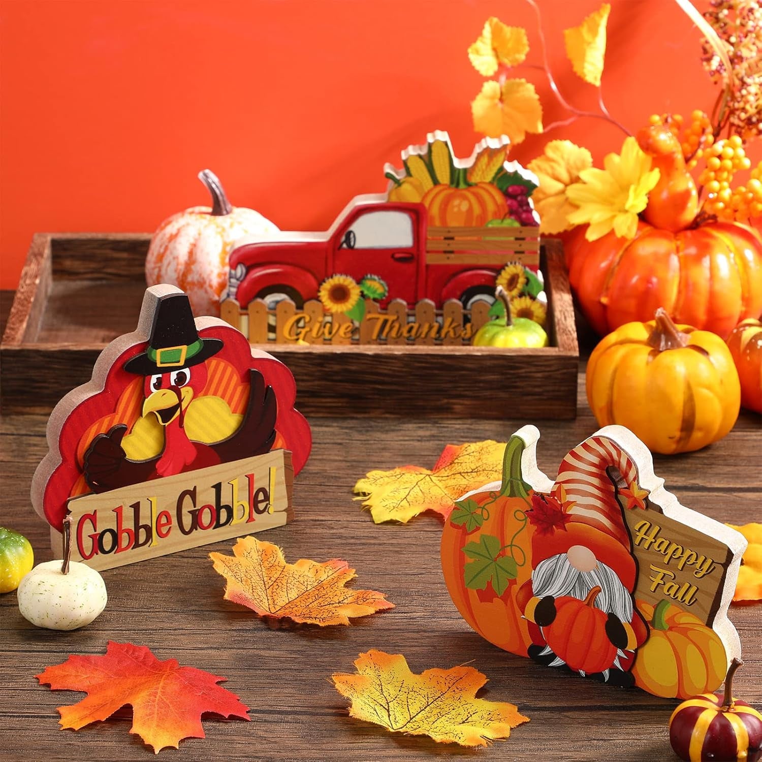 3 Pieces Thanksgiving Decorations Indoor Table Centerpiece for Home Wooden Signs Autumn Harvest Turkey Display for Thanksgiving Party Supplies