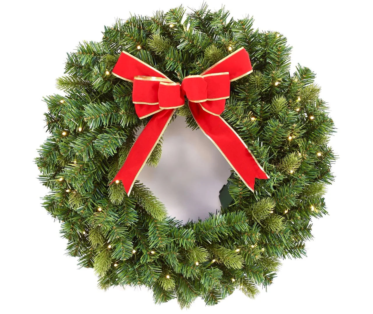 24” Pre-Lit Christmas Wreath for Front Door. Outdoor Battery-Operated Evergreen, Red Bow
