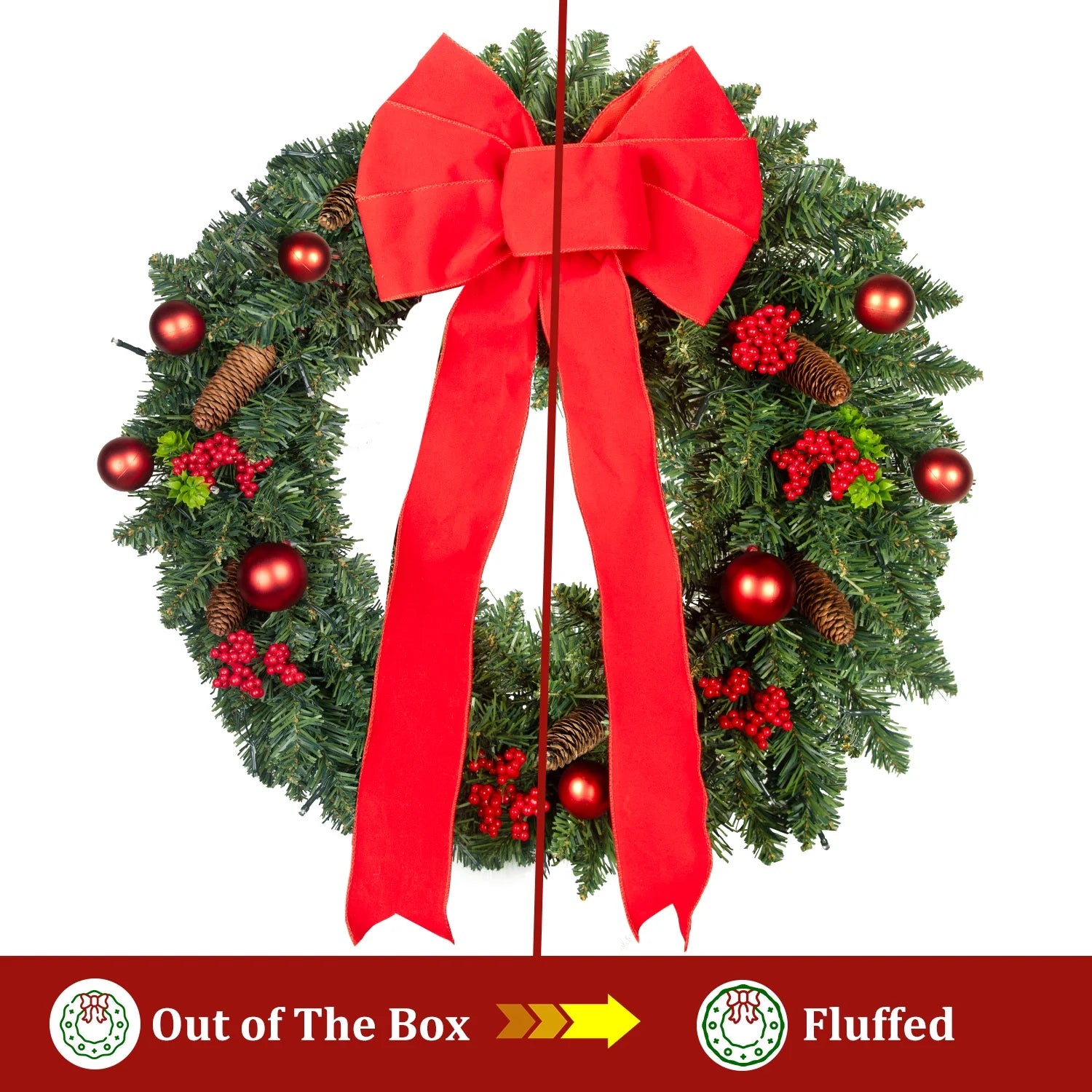 24In Pre-Lit Christmas Wreaths for Front Door, Posrue Indoor Outdoor Christmas Decorations Artificial PVC Wreaths with Lights &Timer, Green