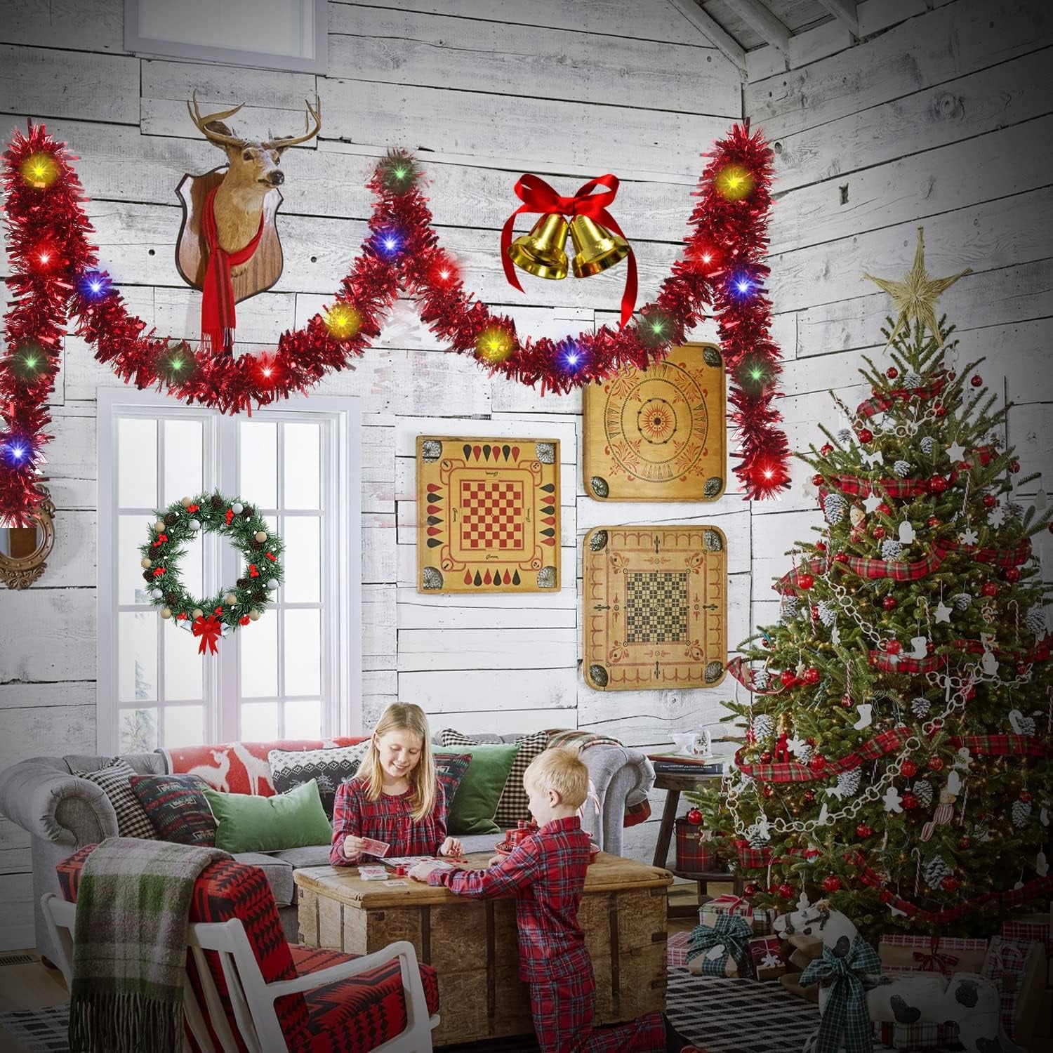32.8 Ft Christmas Prelit Tinsel Garland, Red Metallic Garland with 100 LED Lights for Christmas Tree Decorations,Wedding Party Supplies
