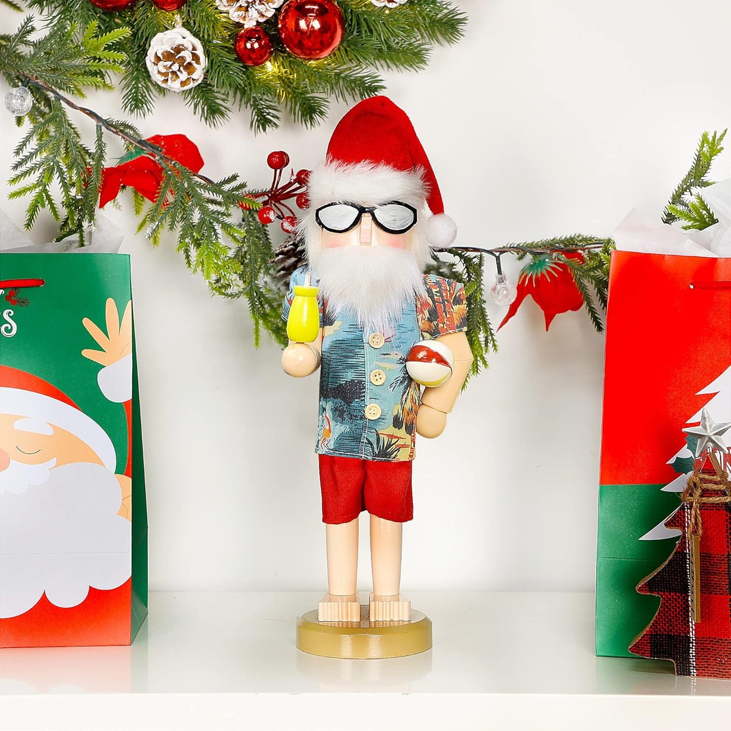 14 Inch Christmas Nutcracker Figures, Wooden Nutcracker Santa Hawaii Beach Summer Vacation, Large Xmas Nutcracker Tabletop Centerpieces Festival Shelves Decorations
