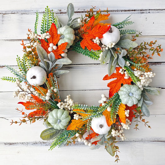 Fall Wreaths for Front Door, Fall Wreath with White Pumpkin & Fall Leaves, Thanksgiving Wreath Decoration for Front Porch Patio, Fall Indoor Outdoor Window Wall Home Decor(18 Inch)