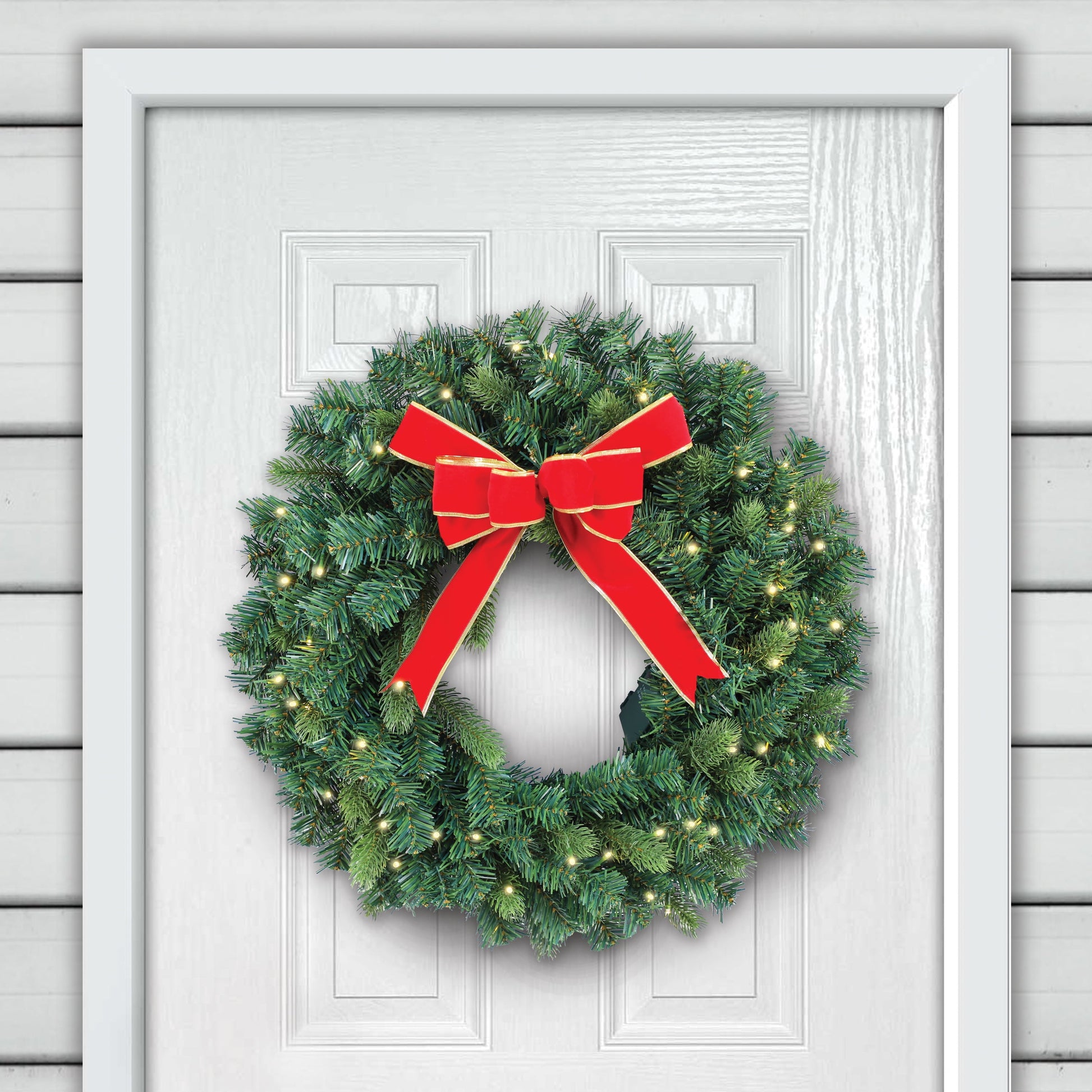 24” Pre-Lit Christmas Wreath for Front Door. Outdoor Battery-Operated Evergreen, Red Bow