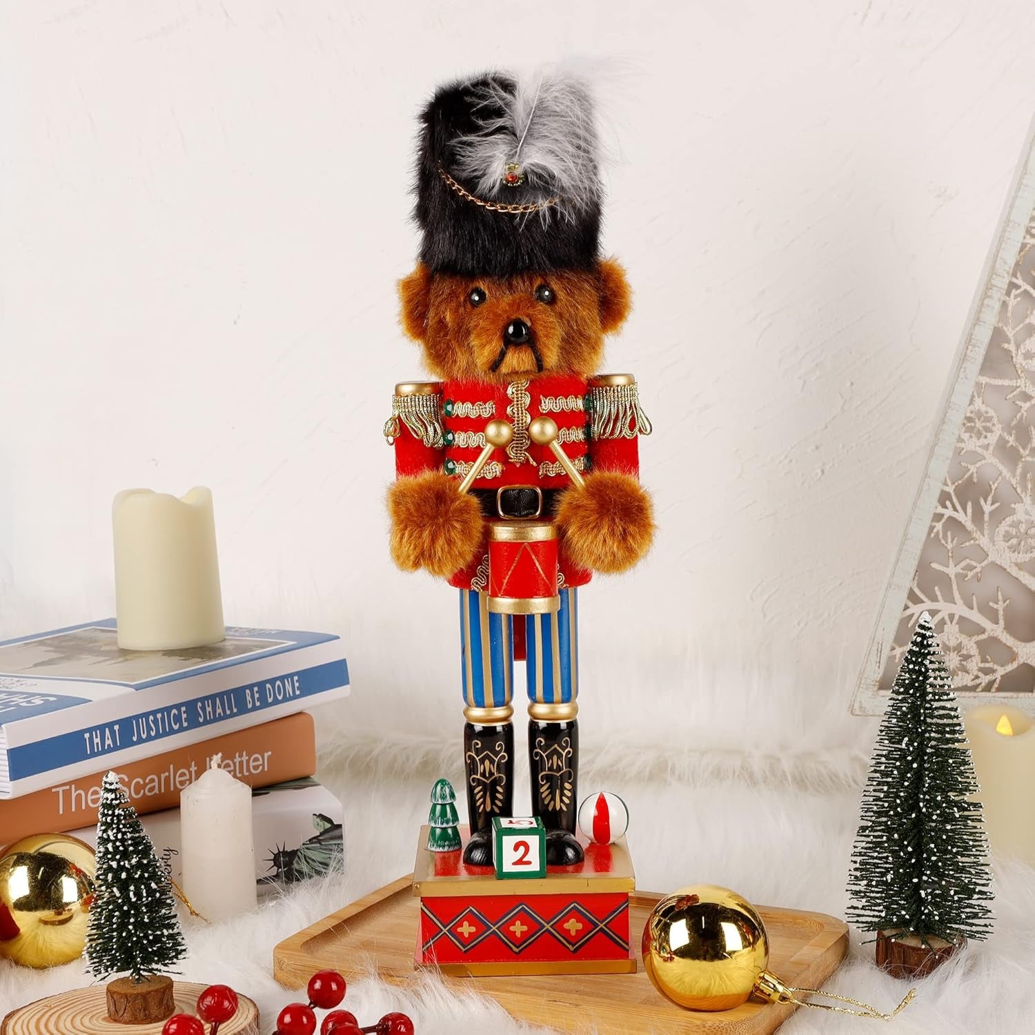 14 Inch Christmas Nutcracker Figures, Wooden Nutcracker Bear Drummer Ornaments, Large Xmas Nutcracker Tabletop Centerpieces Festival Shelves Decorations