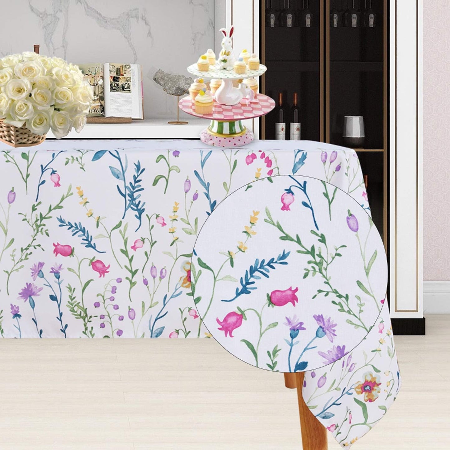 Easter Fabric Rectangle Table Cloth 60 X 84 Inch, Polyester Easter Spring Flower Tablecloth, Table Cover Protector for Holiday, Party, Wedding, Birthday, Banquet Decoration Use, Floral