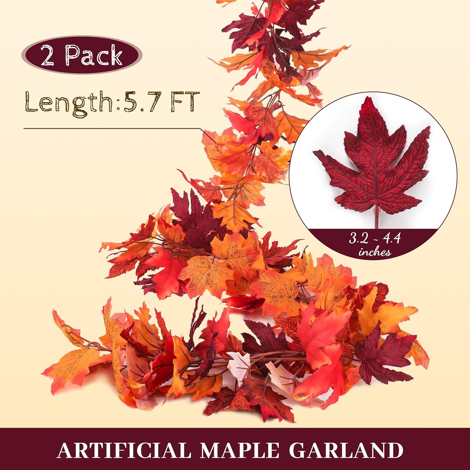 2Pcs Artificial Autumn Fall Maple Leaves Garlands 5.9 Feet Hanging Vines Fall Foliage Garland for Indoor Outdoor Wedding Thanksgiving Dinner Party Decor